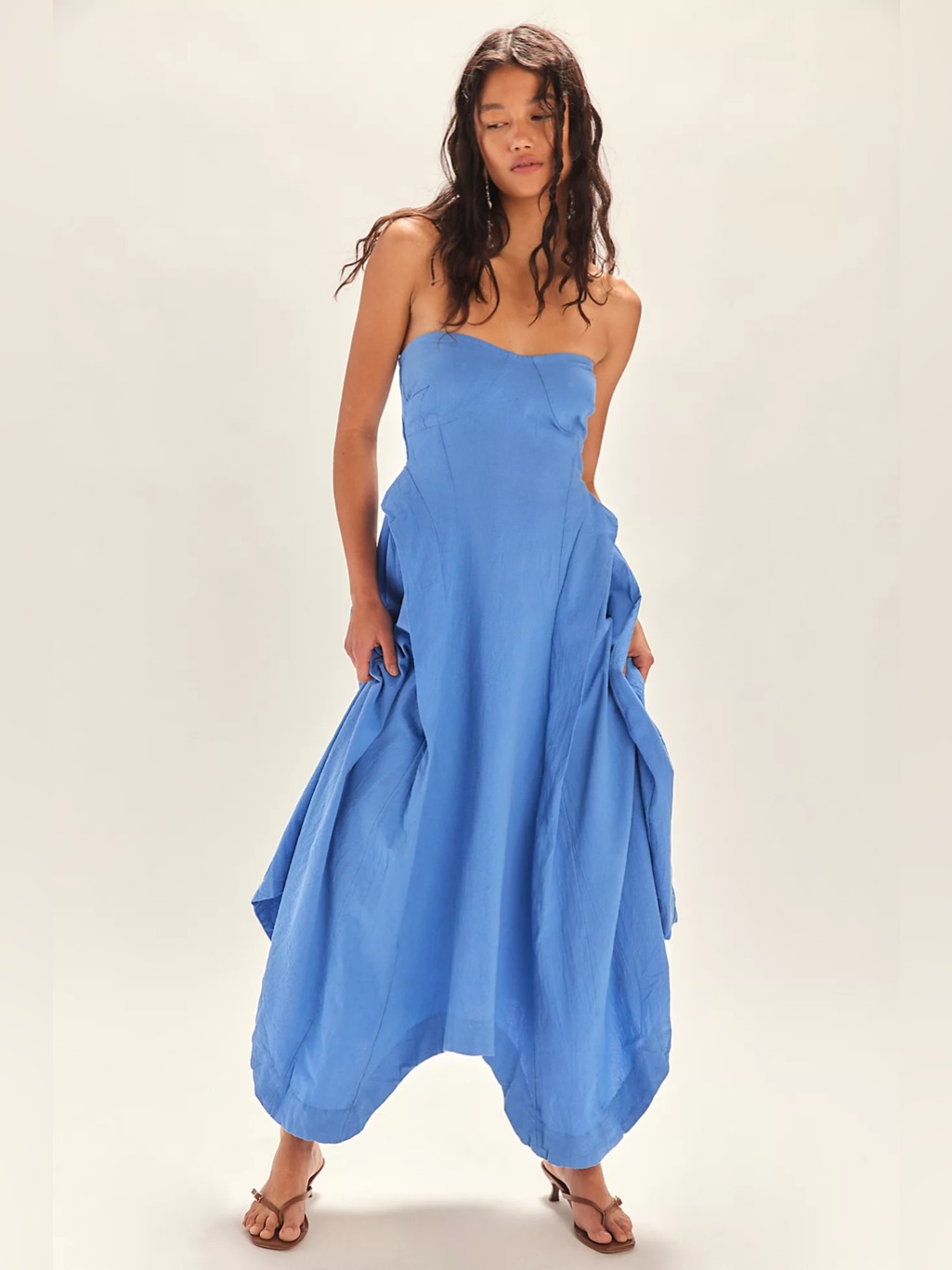 Free People Strapless Blue Flowing Midi Dress
